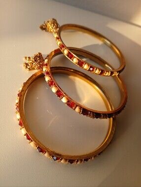 (2/15$)Gold-Tone Red & White Stone Bangle Set - Women Jewelry